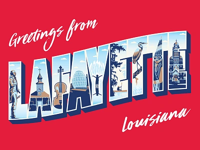 Greetings from Lafayette cajun illustration lafayette landmarks lettering louisiana postcard travel vintage