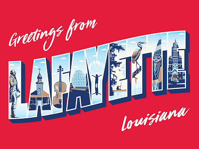 Greetings from Lafayette cajun illustration lafayette landmarks lettering louisiana postcard travel vintage