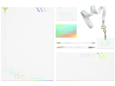 Contagious Magazine Event Invite & Collateral clean envelope event holographic invite lanyard pencils stationery white