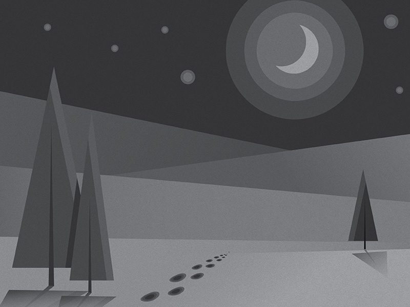 Wandering gradients moonlight moon sky footprints blackandwhite landscape trees vector vectors illustration