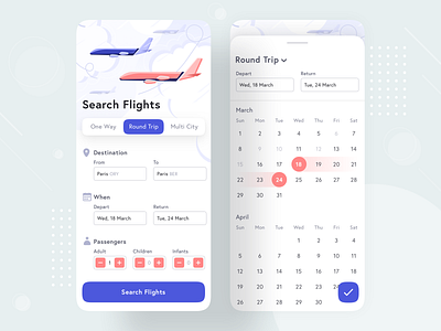 Search Flights - Mobile Booking App UI Design app booking calendar design flight flight booking flights form home illustration interface ios mobile mobile app mobile app design mobile ui plane search ui uidesign