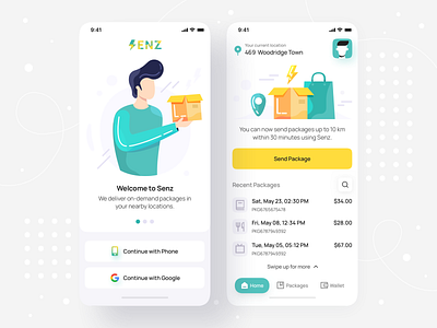 On-demand Package Delivery - iOS Mobile App • Senz app app design courier delivery hyperlocal illustration illustration design illustrations interface mobile mobile app design mobile design on demand onboarding package parcel send shipment track ui