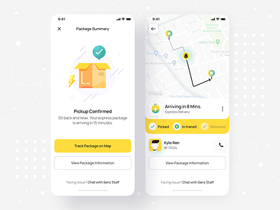 Package Delivery Summary & Live Tracking - iOS Mobile App • Senz app confirmation delivery hyperlocal interface ios app design mobile mobile app design mobile design mobile ui on demand order order summary package product design shipping success summary track ui