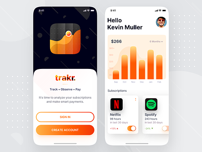 Subscription Tracking Mobile App Design - trakr analytics app app design chart ios minimalist mobile app mobile app design modern netflix sign up signup spotify subscription tracking trend trendy ui user inteface welcome page