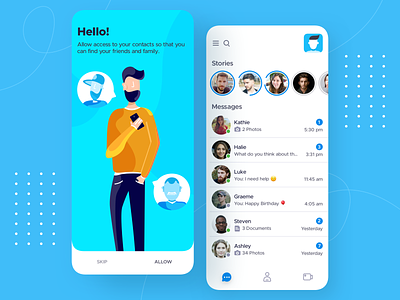 Chat / Messaging - iOS Mobile App Design app app design app ui character design chat chat app illustration interface ios ios app design iphone message messaging app mobile mobile app design mobile ui onboarding ui ui welcome page welcome screen