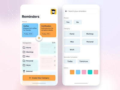 Category Sheet and Search State • Reminders - iOS App Design android app design app big sur bottom sheet design glassmorphism illustration interface ios ios app design ios14 mobile mobile app mobile app design reminder reminder app search todo todo app ui