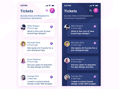 Tickets App UI (Light and Dark) Views - UVdesk app card design desk experience helpcenter helpdesk interface list support ticket user