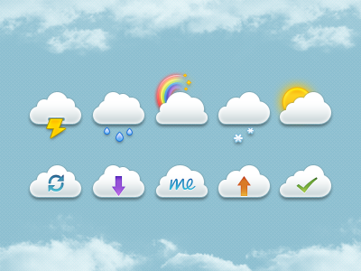 Mini Clouds Set PSD bow cloud done down download finish flakes flash icons me mini mob mobile psd rain rainbow set snow sun sync template thunder up upload weather