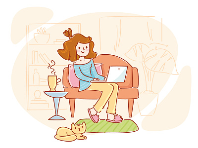 Work from home cartoon character comfortable cozy cute drawing freelance girl homely illustration laptop notebook vector woman work work from home workspace