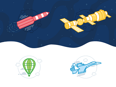 Icons for pay tariffs air balloon cloud icon illustrations plane rocket space space station spaceship stokarenko universe vector