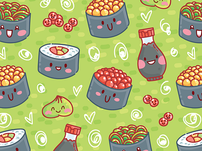 I ❤️ sushi! character cute drawing icons illustration kawaii pattern seamless soy sushi vector wasabi