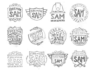 Fireman Sam Logo Sketches badge branding entertainment fire fireman fireman sam logo logo development