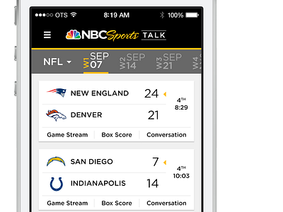 NBC SportsTalk Redesign filter football menu mobile nbc scores sports talk ui ux