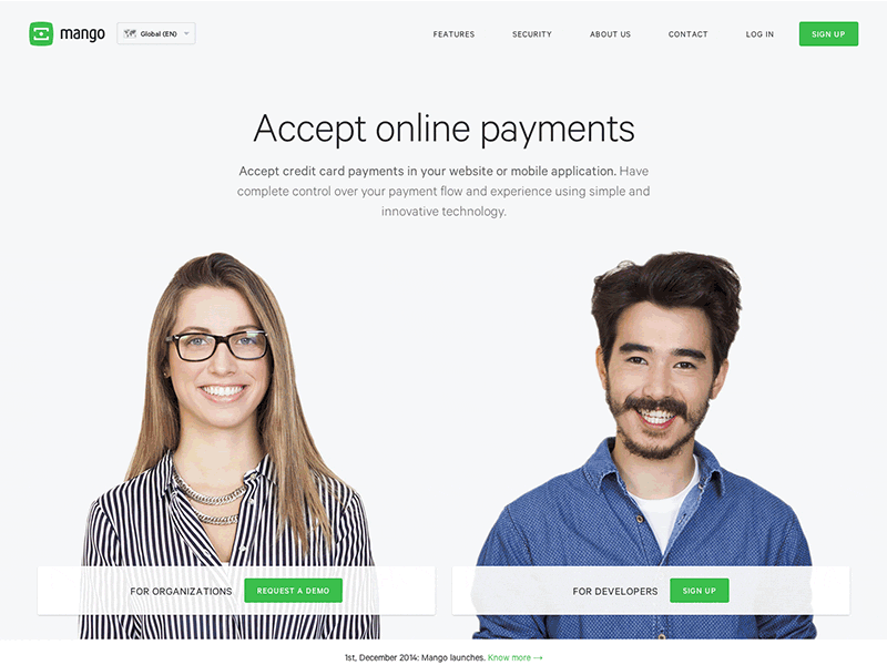 Mango: Available Today! marketing landing payments security features contact about signup
