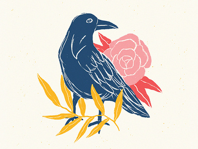 Crow and floral color crow flowers folk art illustration illustrator mustard yellow procreate put a bird on it stamp texture