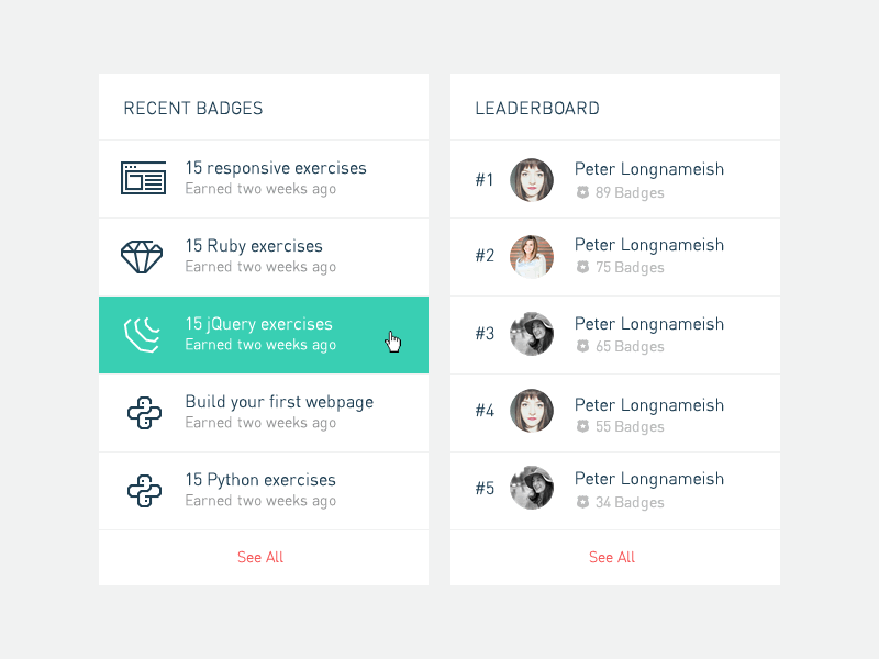 Panels badges cards codecademy interface modules ui ux