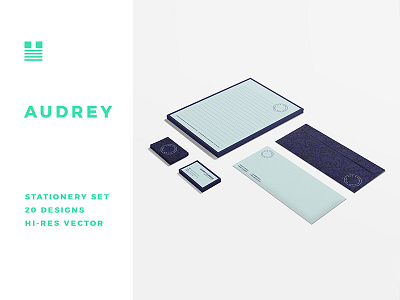 Audrey Stationery Set badge branding kit business cards composition envelope id kit letterhead notebook stationery