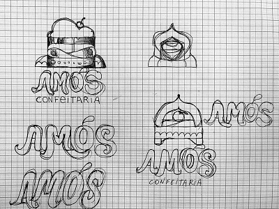 Sketches "Amós Confeitaria" brand cake design lettering logo marca sketches sweet typography