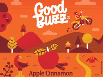 Good Buzz label rebrand apple illustration motorcross packaging