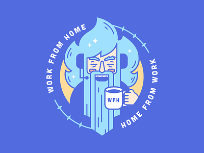 WFH Wizard badge blue circle clean coffee cute flat hair illustration line art logo mage magic old man seal sparkle wfh wizard work from home zilean