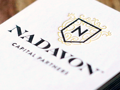 Nadavon Business Cards business cards clean foil letterpress logo modern monogram shield yellow