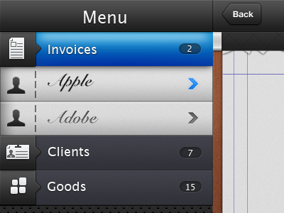 Menu clients fatture invoice invoices ipad photoshop ui ux