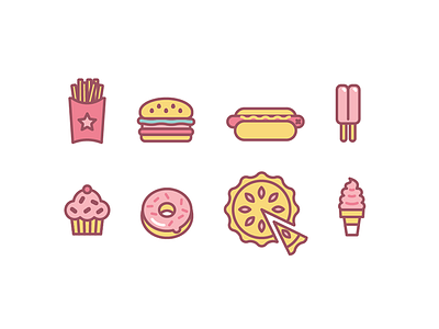 Junk food cupcake donut fries hamburger hot dog ice cream icons illustration pie popsicle vector