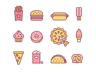 Updated junk food! burger donut food fries icons illustration pie pizza popcorn pretzel taco vector