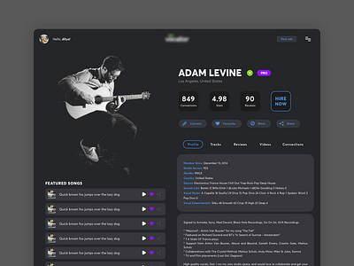 Artists page app artist biography clean dark profile profile page song songwriter ui ux vocalist website
