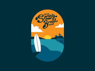 Safe Spring Break 2018 beach cloud palm trees sky surf board surfer type typography waves