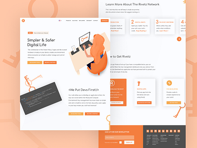 Rivetz Home Page Mock branding character cybersecurity design fun illustration orange procreate security security app simple ui ux vector web webdesign website