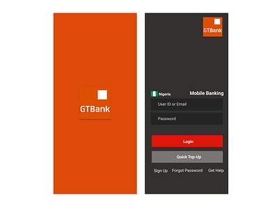 GTBank Splash and Login Screens minimalist mobile ui nigeria