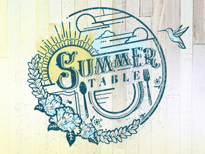 Summer Table clouds flowers fork hummingbird spoon summer sun table