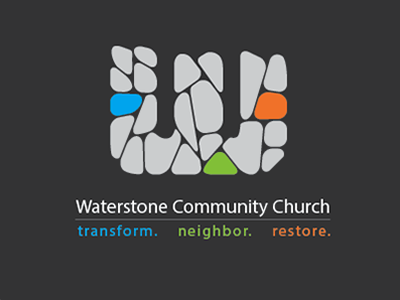 Waterstone Logo blue charcoal church green grey logo orange pebbles rocks