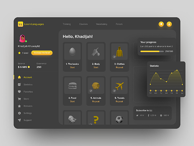 Dashboard - English language learning service black clean courses dark theme dashboard english graphic interface leaning neomorphism service website