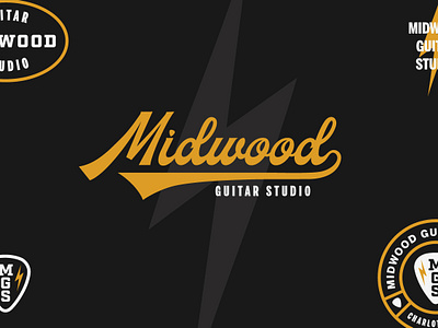 Midwood Guitar Studio Concepts (Part 1) badge black brand branding flash sheet gold guitar guitar pick icon identity instrument lockup logo logotype music retro shop studio typography vintage