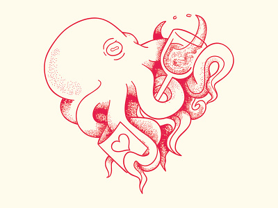 Drunk Octopus card drawing heart octopus stippling trial vector