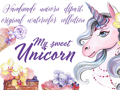 "My sweet unicorn" handpainted watercolor clipart clip art clipart design illustration typography unicorn watercolor watercolor art