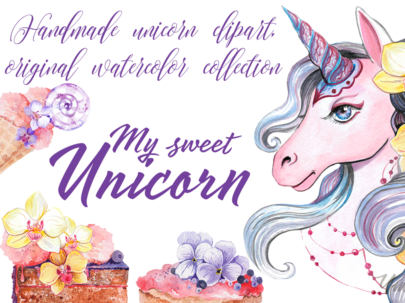 "My sweet unicorn" handpainted watercolor clipart