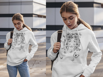 Hand-drawn black and white hoodie prints. black and white design feminine flowers illustration girl illustration hoodie illustration print design textile