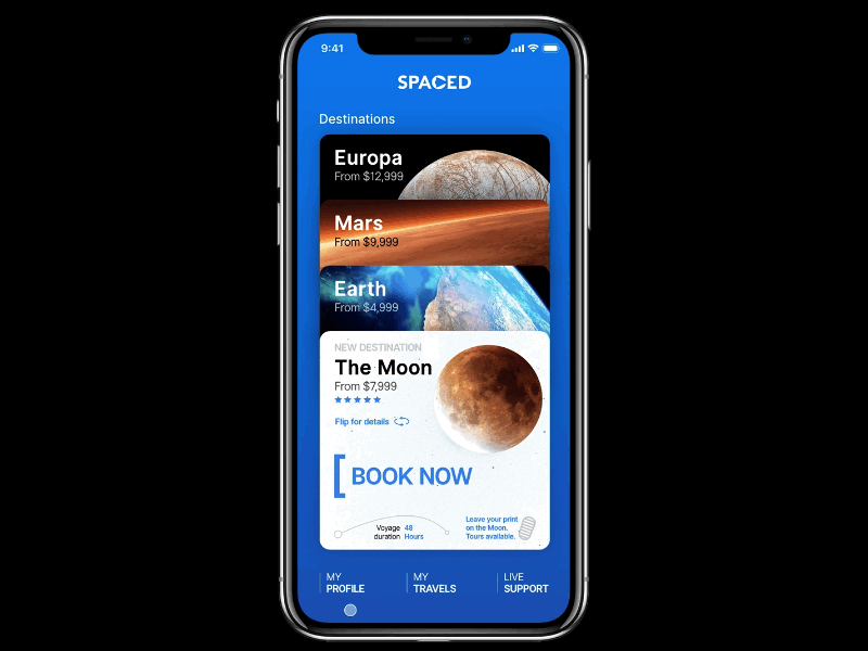 SPACEDchallenge - Book to Moon app iphone iphone x mobile product design prototype space travel ui ux