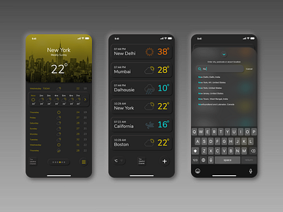 Neumorphism - Weather App Screens app blue city contrast darkmode grey ios iphone location neumorphism redesign search shadows skeumorphism state today ui update weather yellow