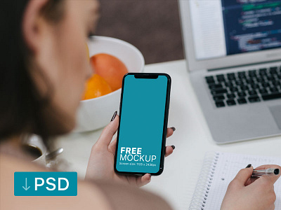 Free mockup: Woman Holding iPhone X and Taking Notes apple free high resolution iphone x mock up mockup photorealistic photoshop psd workspace