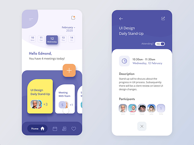 Daily Meeting Calendar App android business calendar card daily meeting illustration interaction ios meeting mobile app mobile ui time ui ux violet white