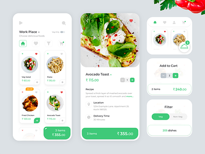 Online Food Ordering App android card design food green icons illustration ios mobile mobile app mobile ui online food online shopping stayhome ui ux vector veg vibrant white