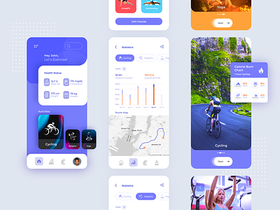 Fitness App android blue card cycling design exercise fitness illustration images ios mobile app mobile ui screens ui ux vibrant violet