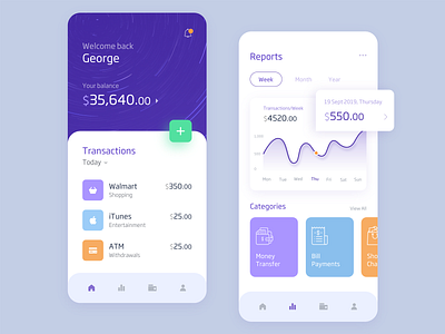 Banking App android banking banking app card concept design graph illustration ios mobile mobile app mobile ui product reports transactions ui ux vibrant violet white