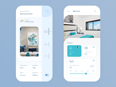 Smart Home Application ac android blue card cloud concept design grey home interior ios living room luxury mobile ui mobileapp pastel smart smartphone temperature ui