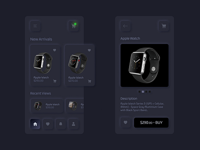 Skeuomorphic mobile app design android app apple apple watch black dark grey illustration ios mobile neumorphic neumorphism online shopping product skeuomorphic skeuomorphism ui ux vibrant watch