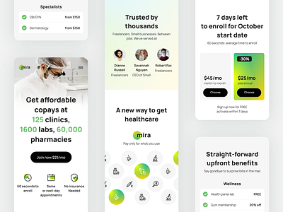 Landing page for Mira clinics clear clinic contrast gradient green hero home page landing landing page light list medicine pricing typography ui white